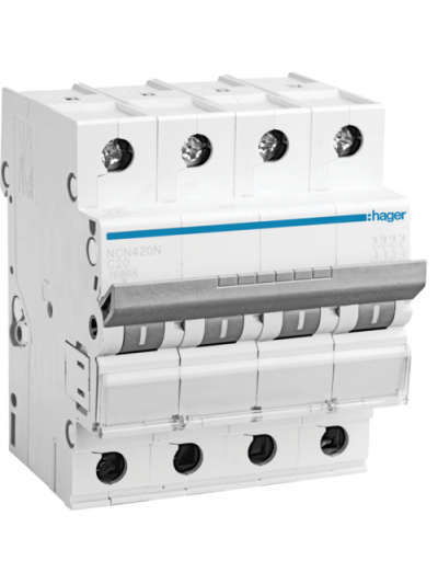 HAGER, 4 Pole, 20A, NCN TYPE, C-CURVE MCB