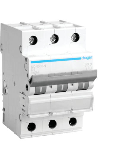 HAGER, 3 Pole, 6A, NDN TYPE, D-CURVE MCB