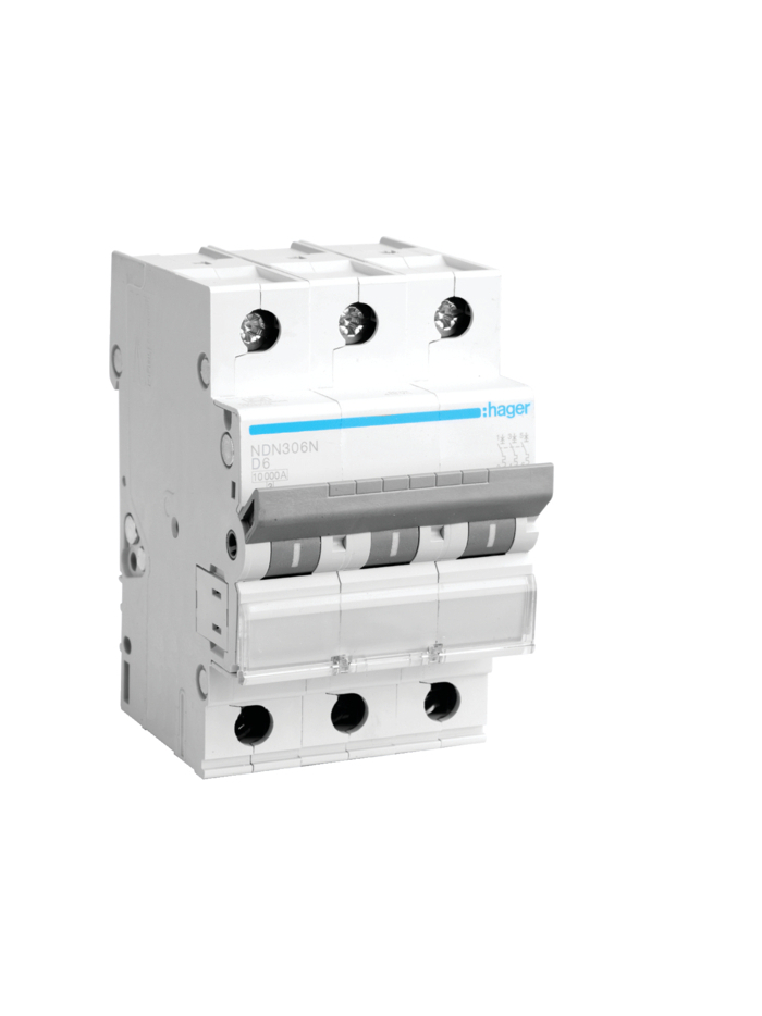 HAGER, 3 Pole, 6A, NDN TYPE, D-CURVE MCB