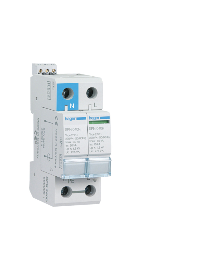HAGER, 1 Pole+N, 65kA, TYPE 2, SPD