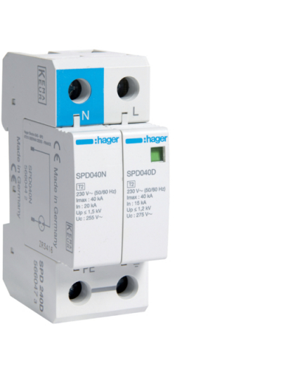 HAGER, 1 Pole+N, 40kA, TYPE 2, SPD