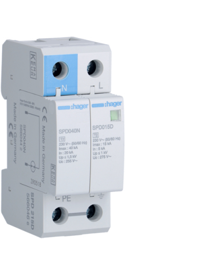 HAGER, 1 Pole+N, 15kA, TYPE 2, SPD