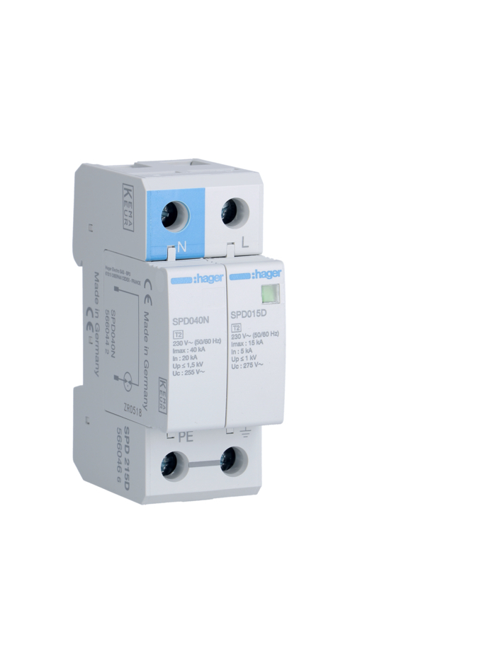 HAGER, 1 Pole+N, 15kA, TYPE 2, SPD