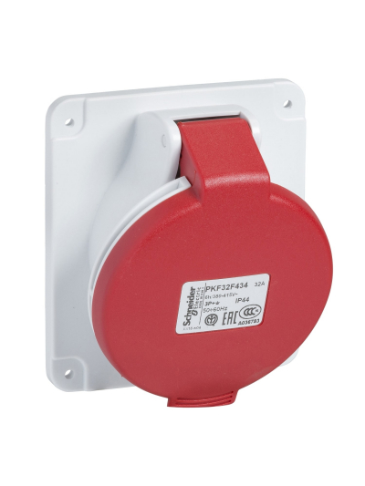 SCHNEIDER, 32A, 380-415V, IP44, Pratika Screw - Angled Panel Mounted Socket