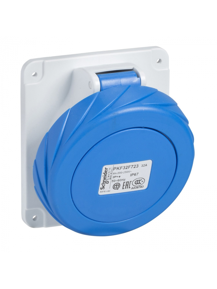 SCHNEIDER, 63A, 200-250V, IP67, Pratika Screw - Angled Panel Mounted Socket